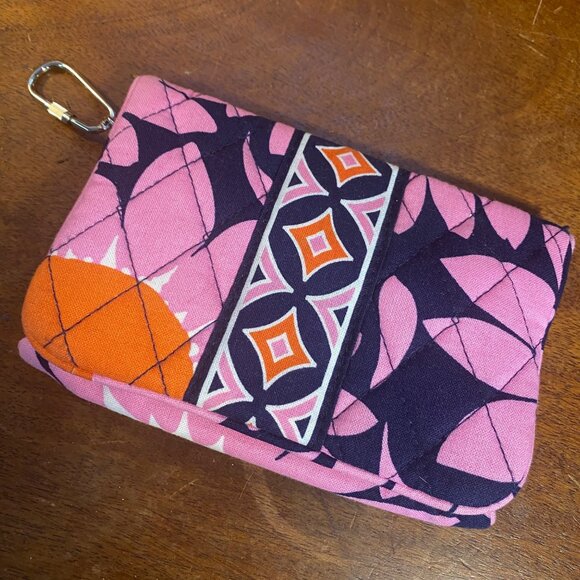 Vera Bradley Quilted Fabric ID Wallet Coin Purse W/ Keychain Clip Pink Orange Pa - Picture 1 of 7